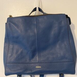 Fossil Elina Rich Blue Leather Convertible Backpack Back Inner Lining Dirty